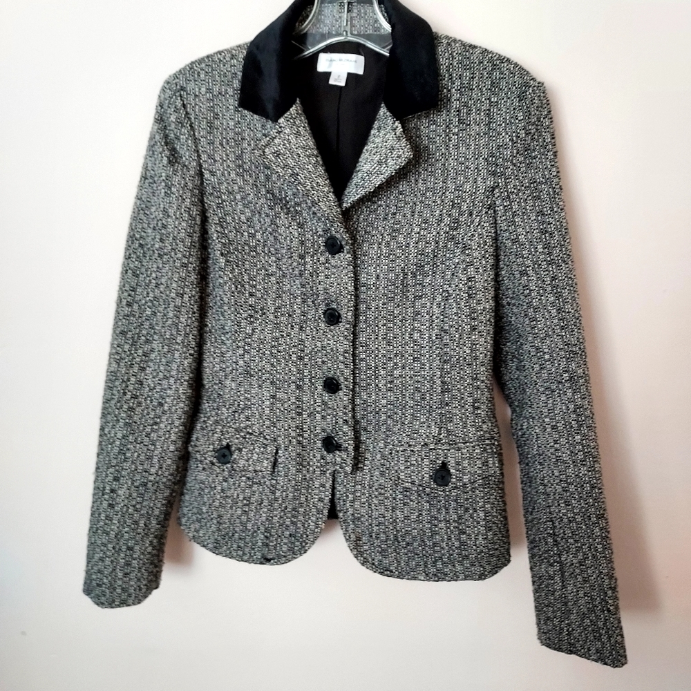 Isaac Mizrahi lined Tweed Blazer Jacket Black White Career Office Dark Academia